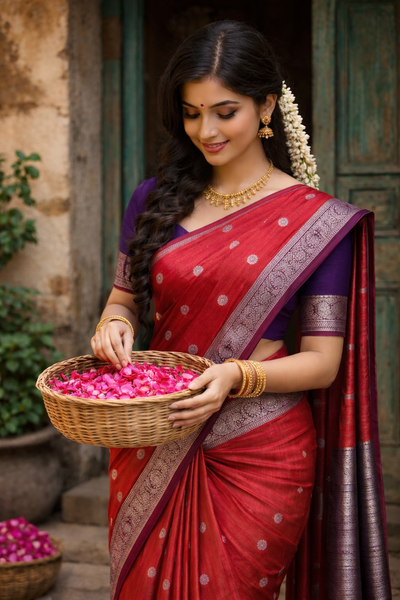 Elegant Crimson Zari Butta Saree with Rich Contrast Border|bridal collection|krisa