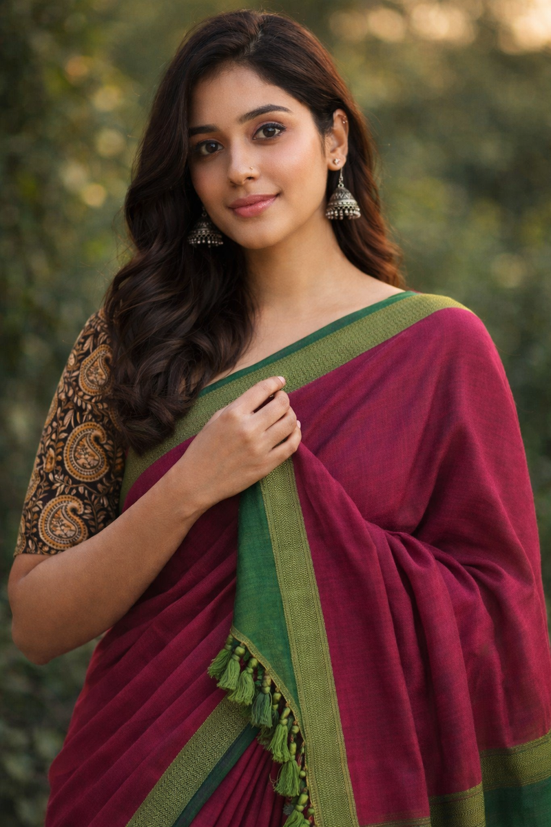 Pink Khadi Cotton Saree With Blouse | Extra Kalamkari Blouse|Lightweight Handloom Cotton Saree | KRISA