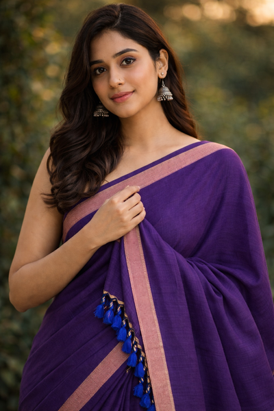 Blue Khadi Cotton Saree With Blouse | Extra Kalamkari Blouse|Lightweight Handloom Cotton Saree | KRISA
